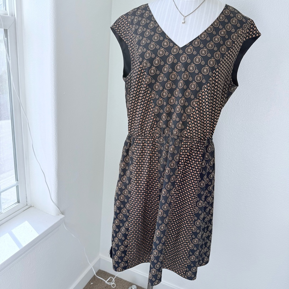 Antonio Melani Bicycle Print V-Neck Sleeveless Midi Dress Brown & Black-Size 12
